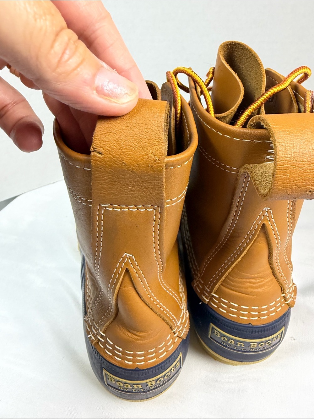 LL Bean Boots Tan Leather Navy Rubber Duck Boot Outdoors Size 9M See Note - Picture 4 of 11